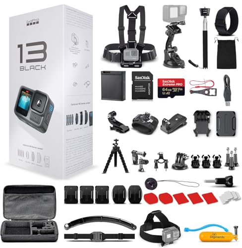 Black Waterproof Action Camera with 5.3K HDR Video, 27MP Photos, Stabilization + 64GB Card & 50 Piece Accessory Kit Z96698
