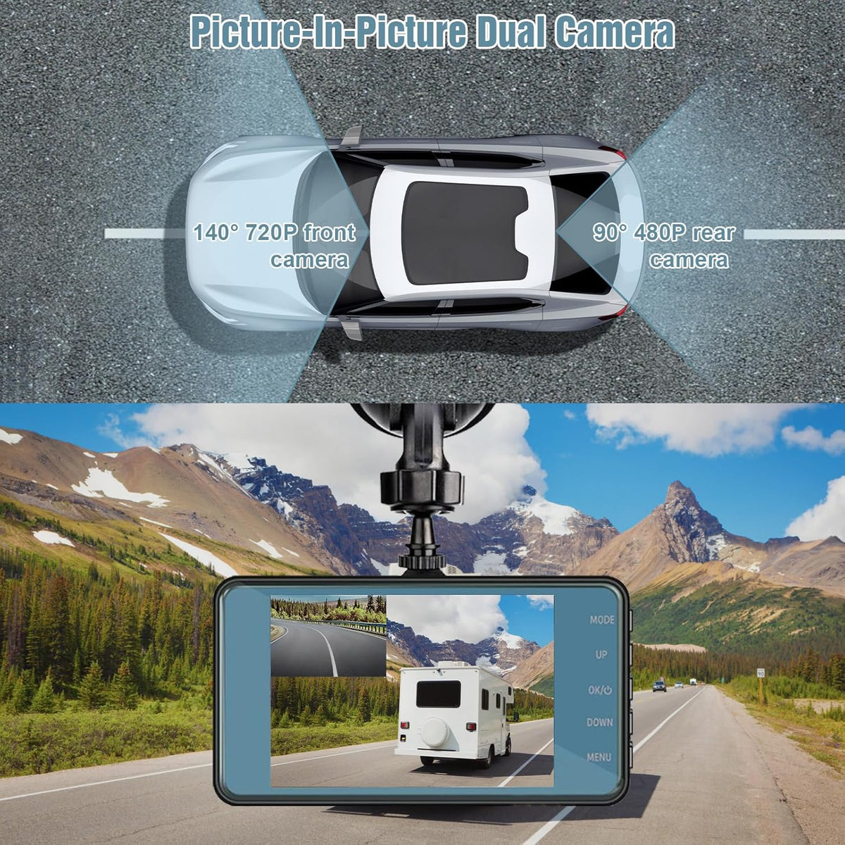 720P HD Dual Dash Cam with Night Vision and 4 inch LCD Display L14739