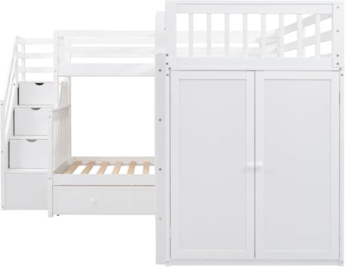 Twin-Twin Over Full Triple Bunk Bed with Storage Stairs, Wardrobe and Desk, Solid Wood L-Shaped 3 Bunk Bed with Ladder, Shelves, Headboard, Guardrail (Grey) R202