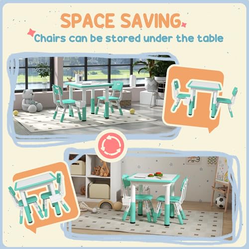 3 Pieces Height Adjustable Kids Table and Chair Set with Storage Green Y606