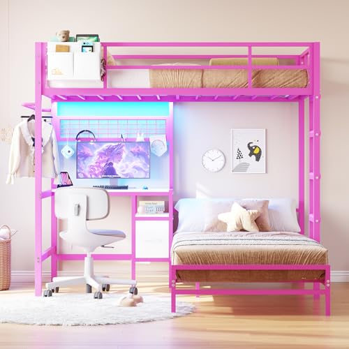 White Twin Over Twin Metal Bunk Bed with Desk and Led Lights N59855
