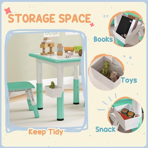 3 Pieces Height Adjustable Kids Table and Chair Set with Storage Green Y606