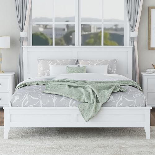 White Queen Wood Platform Bed Frame with Headboard I6484