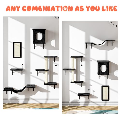 Gray 7 Pcs Cat Wall Shelves with House, Tunnel, Bridge, Steps, Scratcher, Hammock, Bed X838