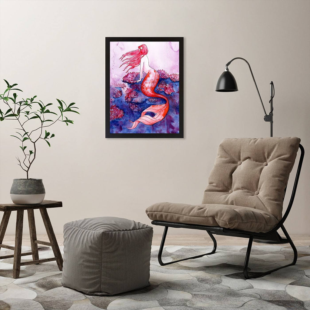 Red Coral Mermaid Black Frame I1086