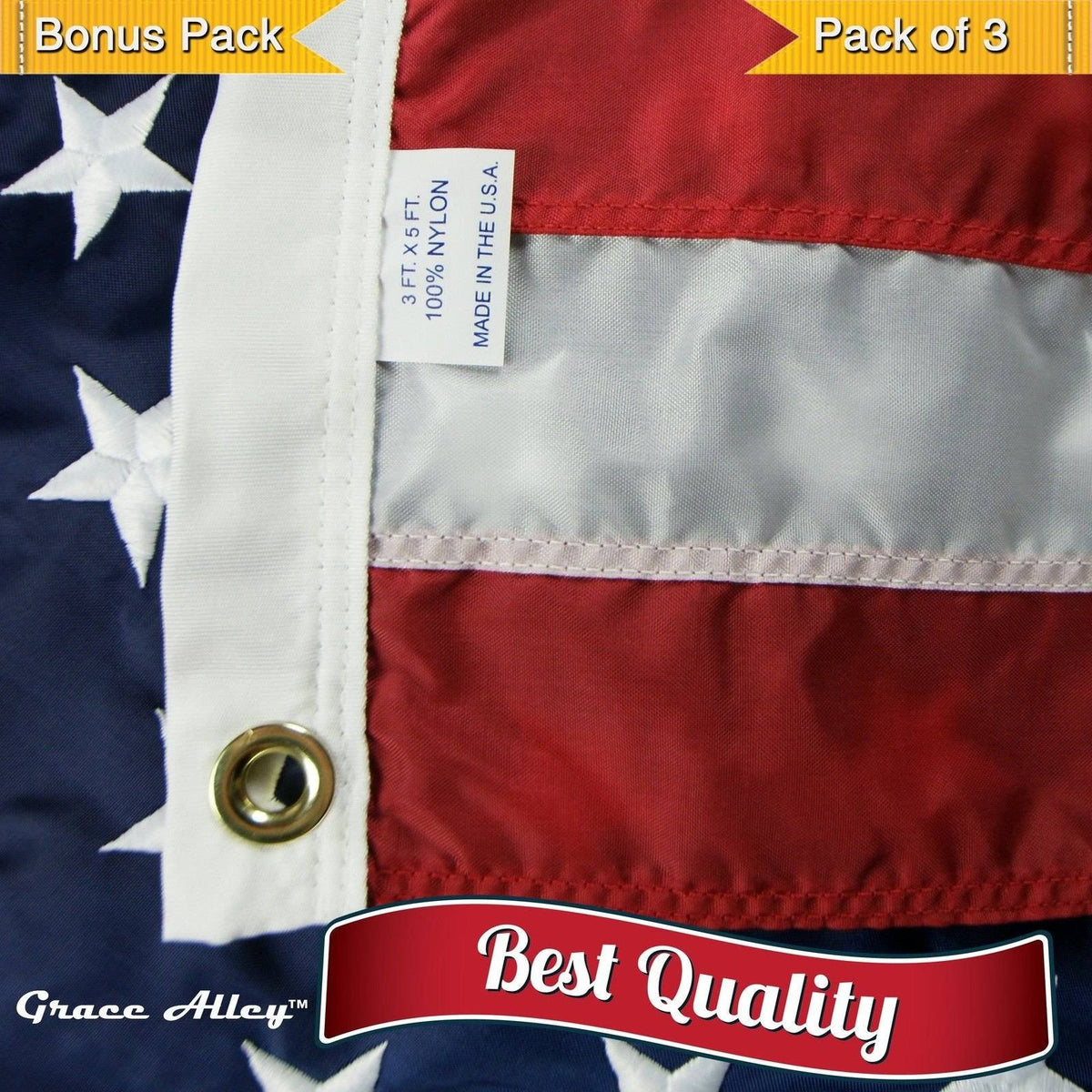 3 Pack 3x5 ft. Embroidered Stars and Sewn Stripes Flag L5142