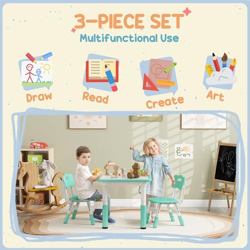 3 Pieces Height Adjustable Kids Table and Chair Set with Storage Green Y606