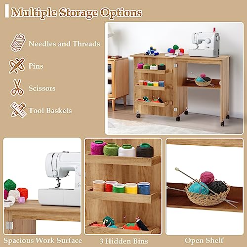 Natural Folding Sewing Table with Shelves Storage and Lockable Wheels E50198
