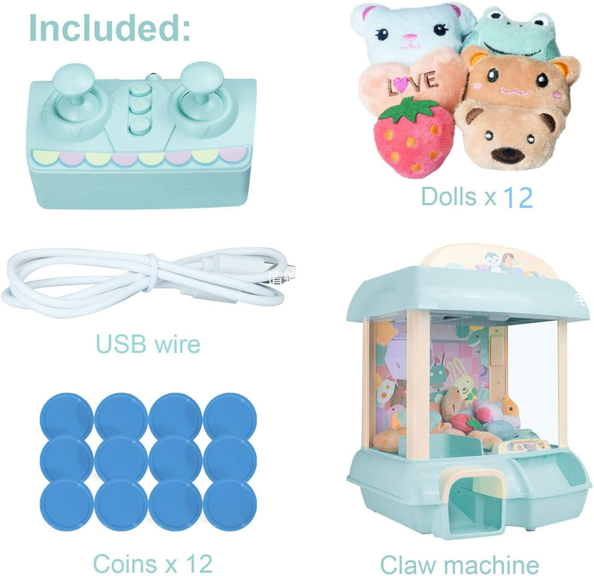 Claw Machine with 12 Dolls, Remote Control, USB Cable, Blue V32619