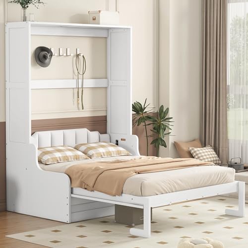 Queen Size White Wooden Murphy Bed with Sofa and Cushion A5668