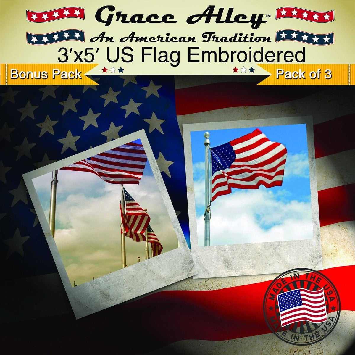 3 Pack 3x5 ft. Embroidered Stars and Sewn Stripes Flag L5142