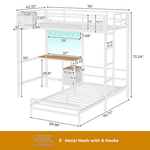 White Twin Over Twin Metal Bunk Bed with Desk and Led Lights N59855