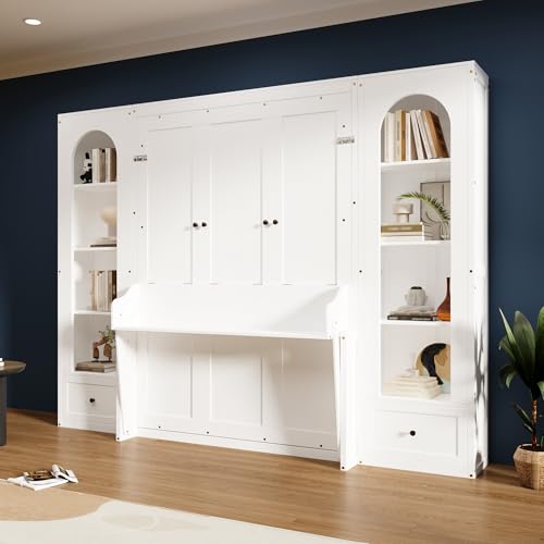 Queen Size White Wooden Murphy Bed with Sofa and Cushion A5668