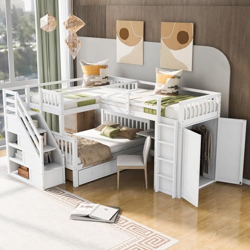 Twin-Twin Over Full Triple Bunk Bed with Storage Stairs, Wardrobe and Desk, Solid Wood L-Shaped 3 Bunk Bed with Ladder, Shelves, Headboard, Guardrail (Grey) R202