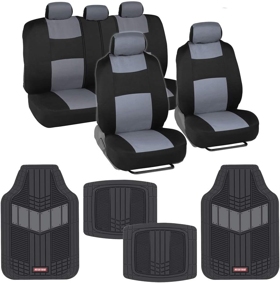 Two-Tone PolyPro Car Seat Covers Full Set with Rubber Car Floor Mats, Black & Blue O8184