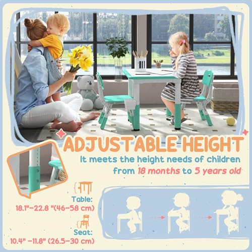 3 Pieces Height Adjustable Kids Table and Chair Set with Storage Green Y606