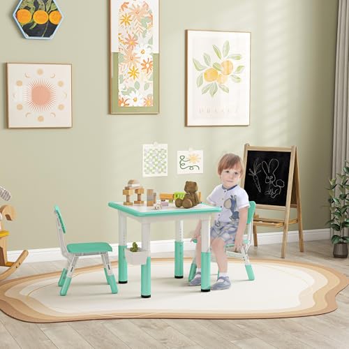 3 Pieces Height Adjustable Kids Table and Chair Set with Storage Green Y606