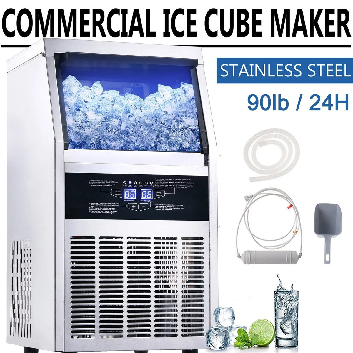 Commercial Ice Maker 90lb Stainless Steel Built-in Cube Machine X8296