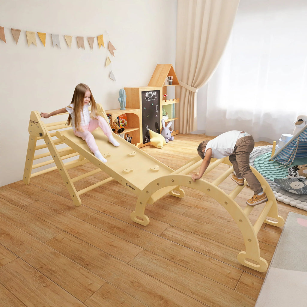 3 in 1 Wooden Climbing Triangle Ladder with Ramp & Arch B6857