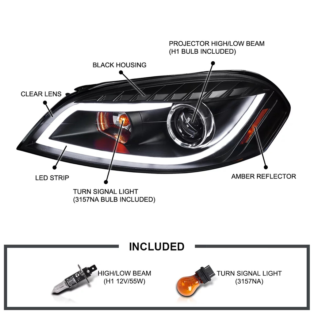 Black LED Strip Bar Projector Headlights Left + Right Pair Q662751