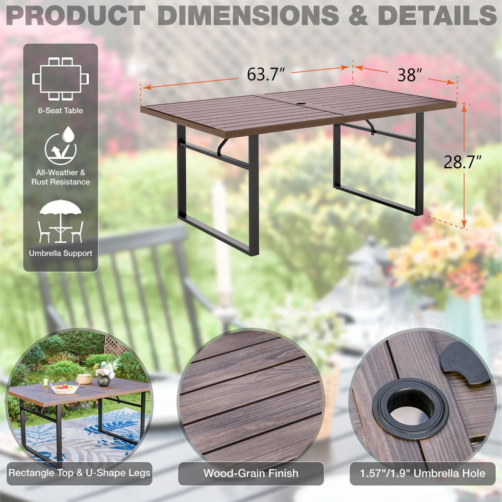 Rectangle Outdoor Dining Table Steel Frame Wood Grain Top 6 Person Black T70856