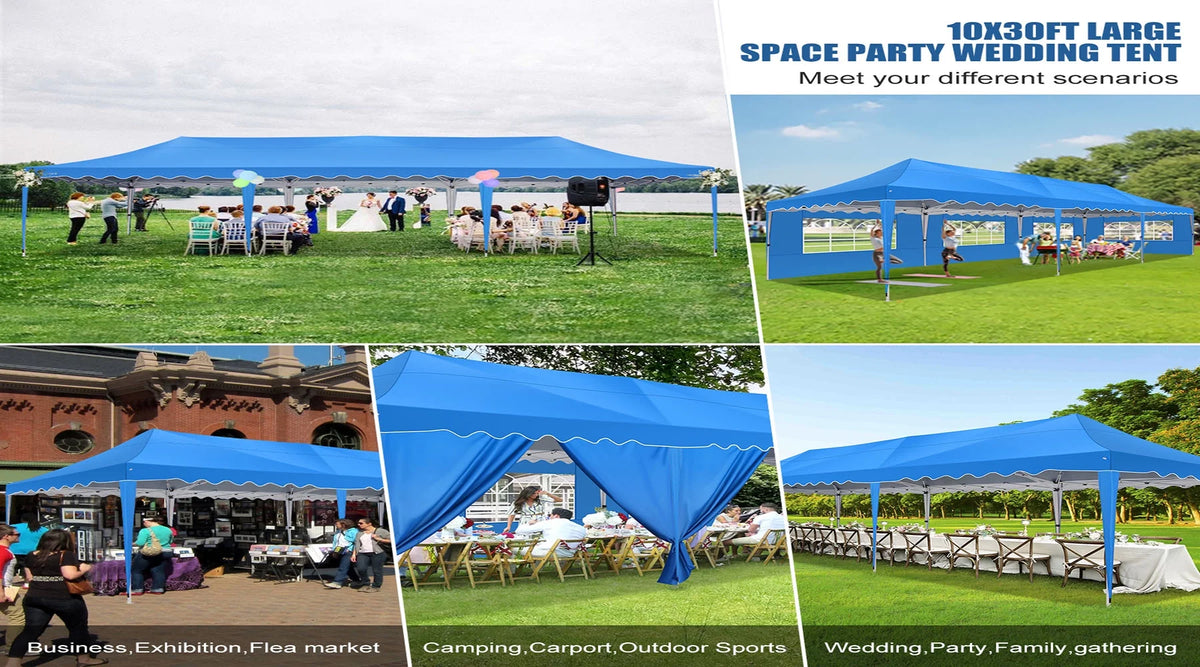 10X30ft Heavy Duty Pop Up Canopy Tent with 8 Sidewalls Blue R233095