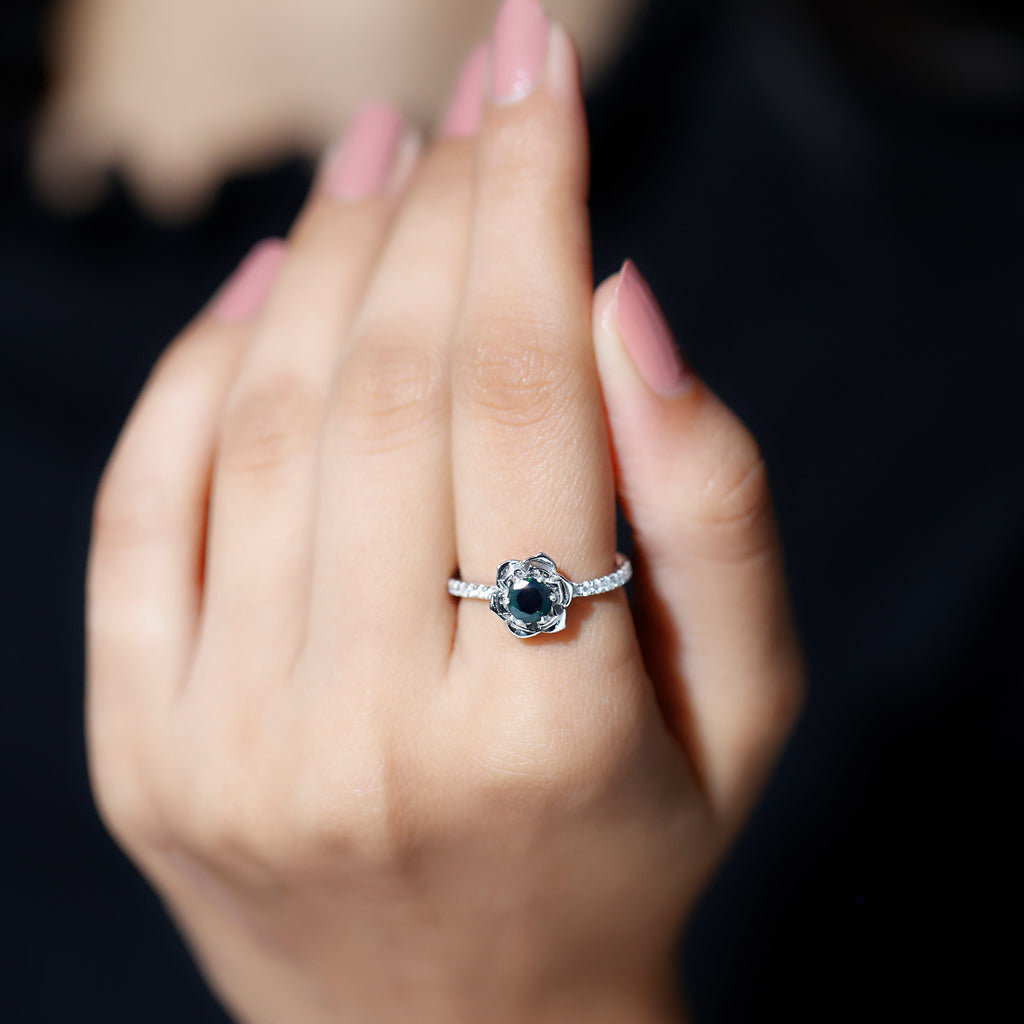 Natural Black Opal Floral Ring with Diamond Side Stones, 925 Sterling Silver, US 4.00 D397431
