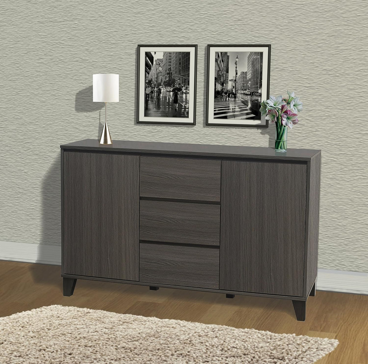 Oak Gray Wood Buffet Server Cabinet Console Table A997