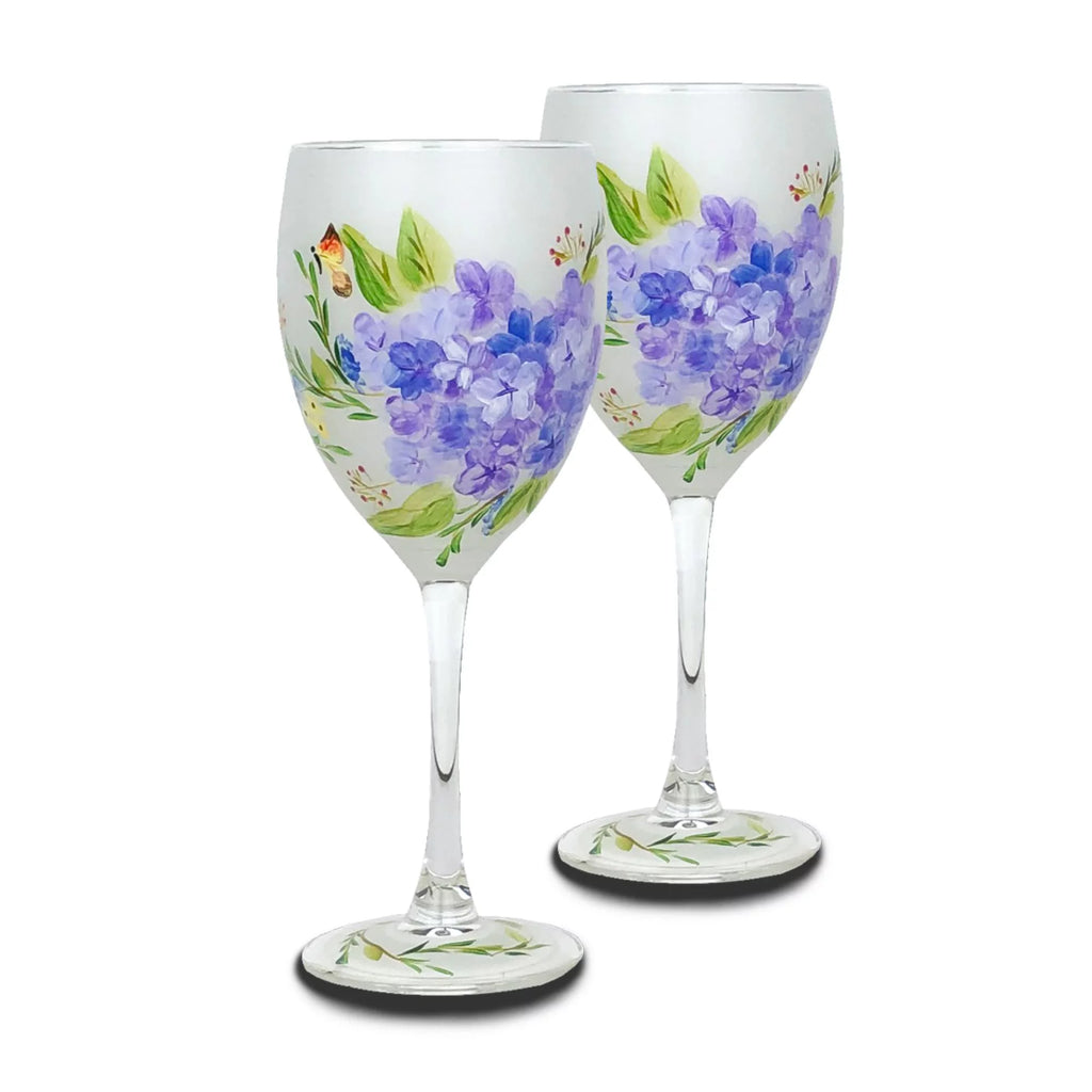 Set of 2 White and Blue Floral Hand Painted Wine Glass 10.5 oz M802690