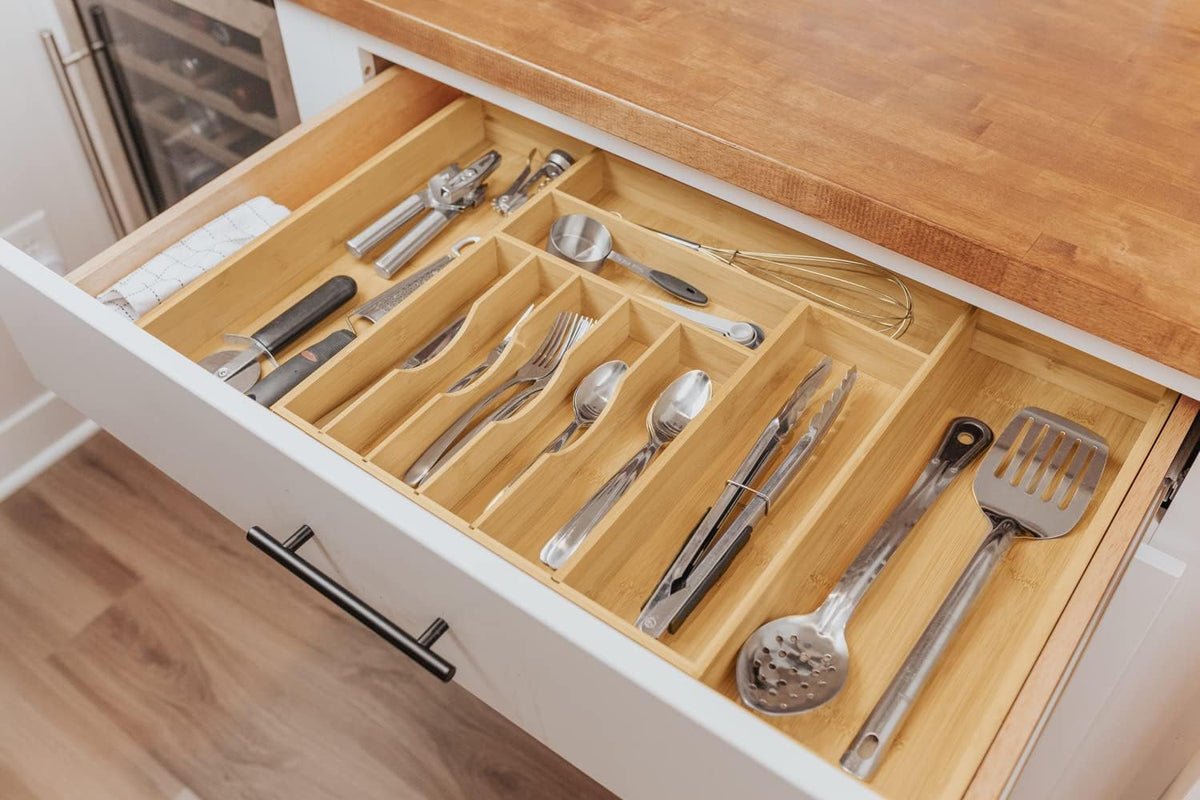 Expandable 28 Inch Bamboo Utensil Organizer, 10 Compartments, Pack of 2 S76910