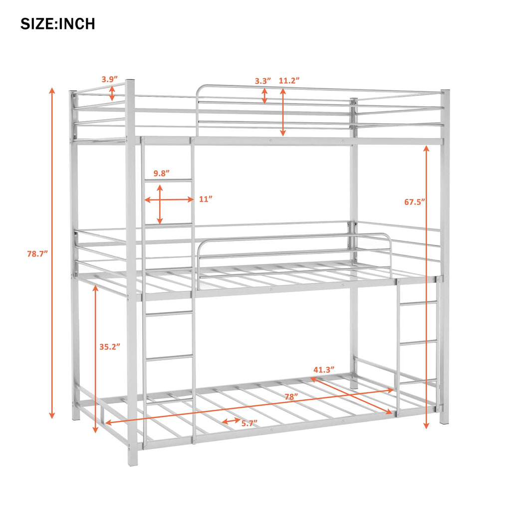 Metal Triple Bunk Bed Twin Over Twin with Ladder and Safety Guardrail N39085