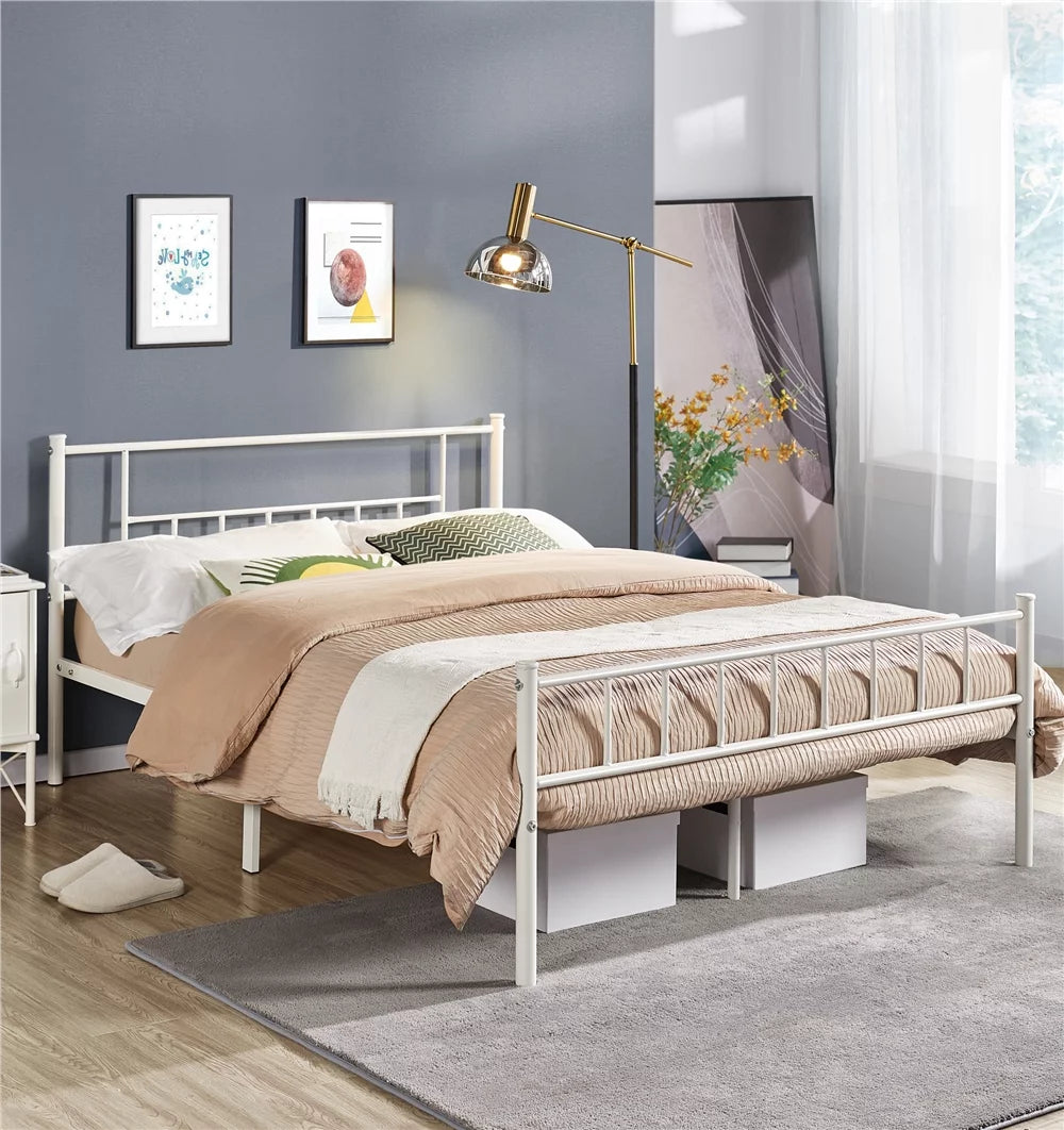White Full Metal Platform Bed with Spindle Headboard and Footboard I4305