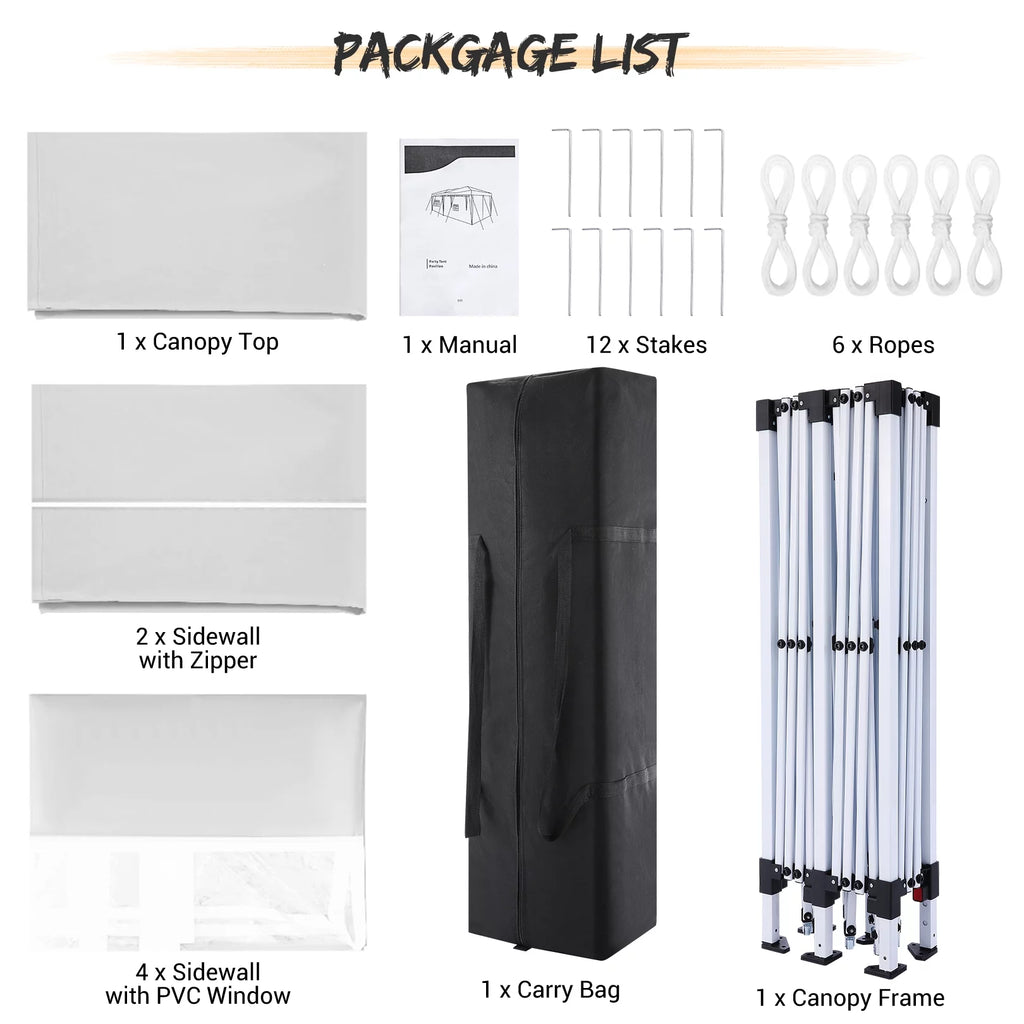 10' x 20' Pop Up Canopy Tent with 6 Removable Sidewalls and Carry Bag, White S636336
