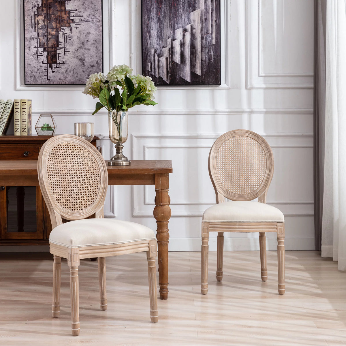 French Style Solid Wood Frame Linen Fabric Rattan Back Dining Chair, Set of 2 I695985