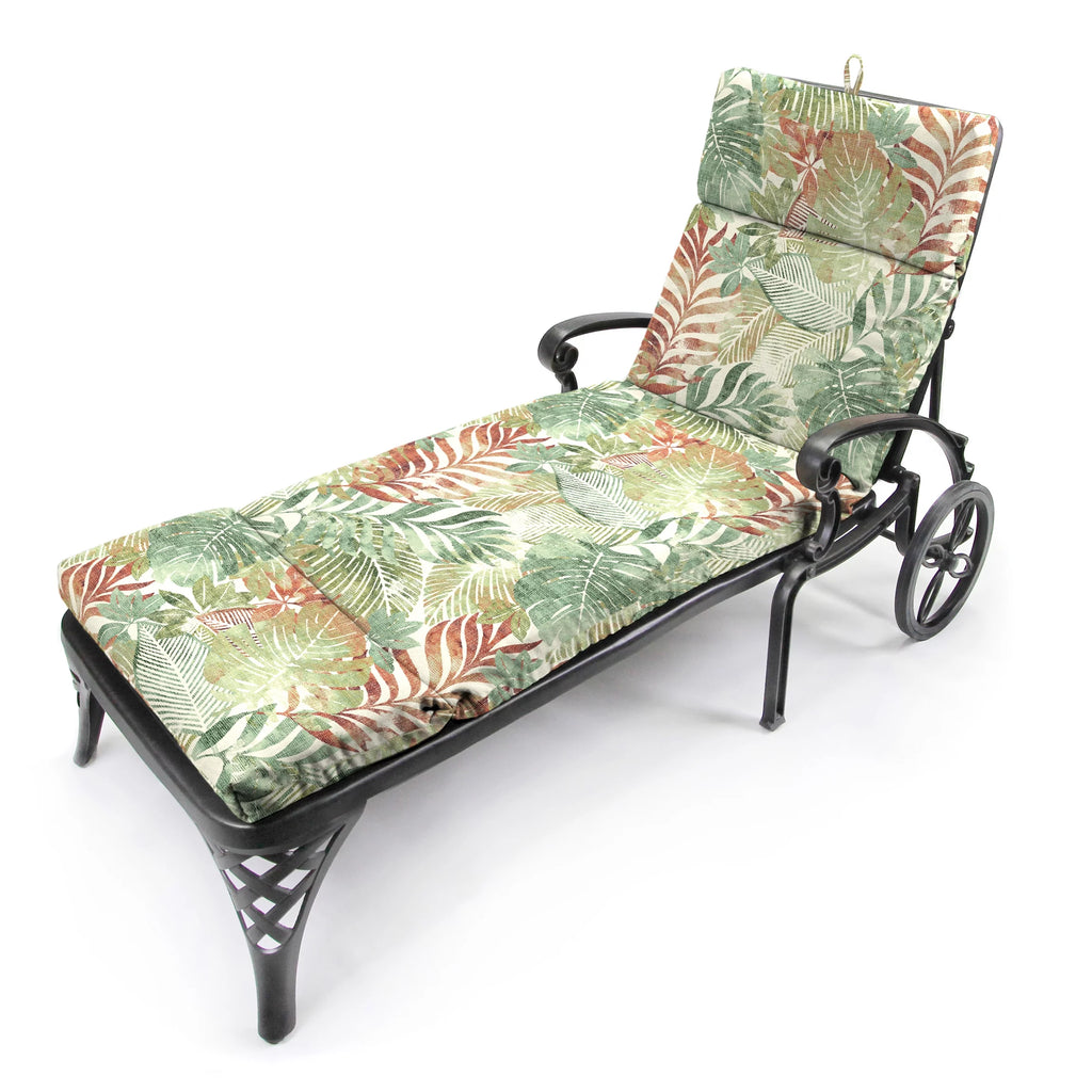 Almond Green Leaves Rectangular Outdoor Chaise Lounge Cushion with Ties V8420