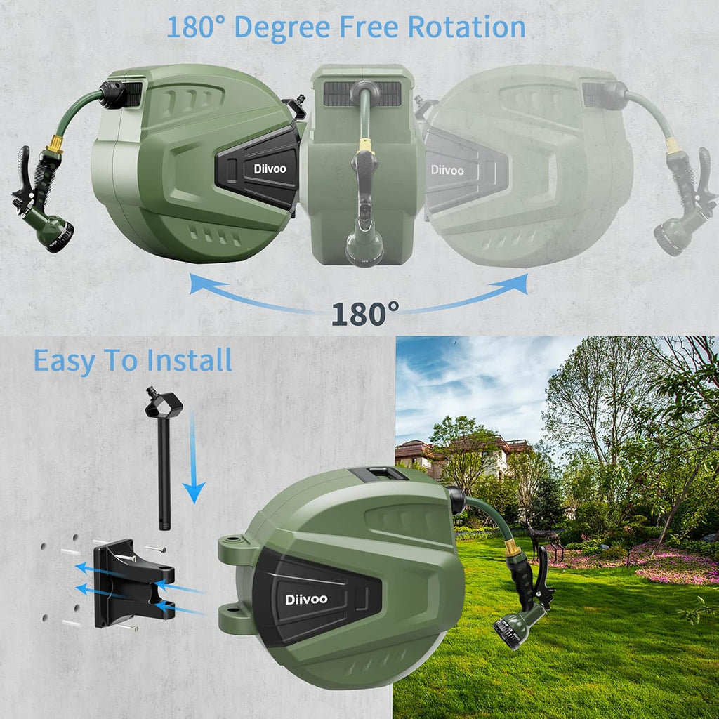 Retractable Garden Hose Reel 65 ft, Wall Mount, Automatic Rewind, 180° Swivel Bracket, 9 Pattern Hose Nozzle Q758