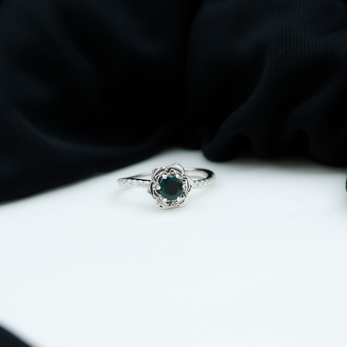 Natural Black Opal Floral Ring with Diamond Side Stones, 925 Sterling Silver, US 4.00 D397431