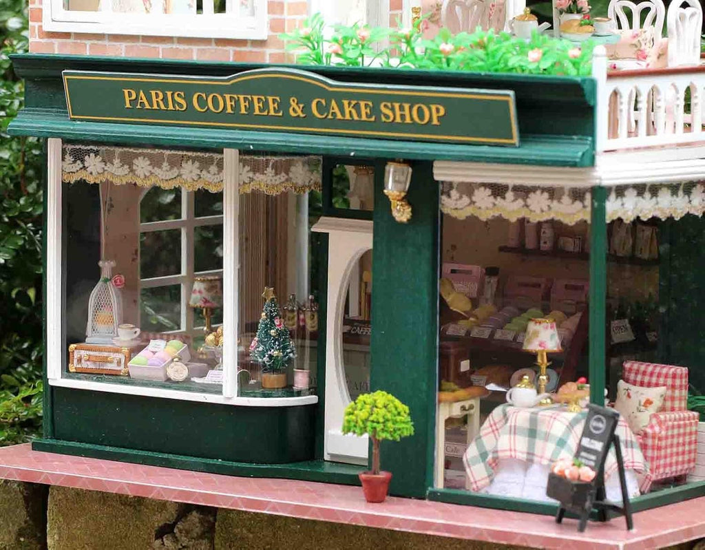 Paris Coffee & Cake Shop Wooden Dollhouse Miniatures DIY Kit with Led Light and Dust Cover M732350