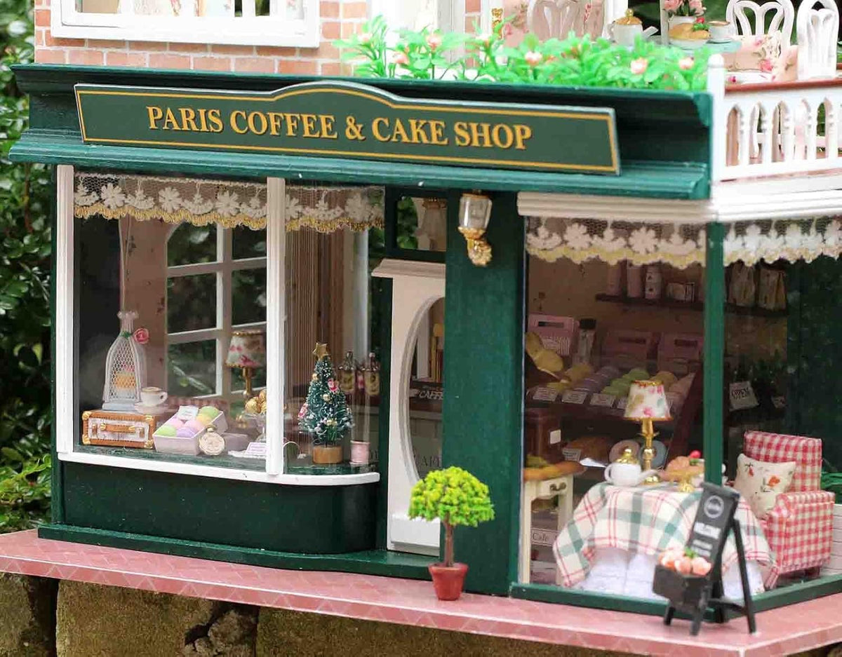 Paris Coffee & Cake Shop Wooden Dollhouse Miniatures DIY Kit with Led Light and Dust Cover M732350