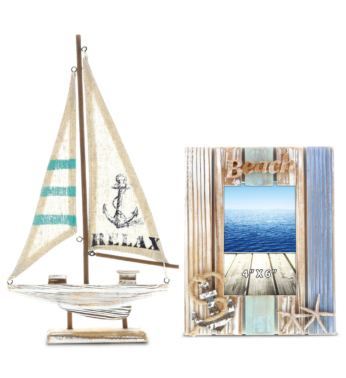 White Distressed Wood Starfish Photo Frame and Wooden Boat Decor D444