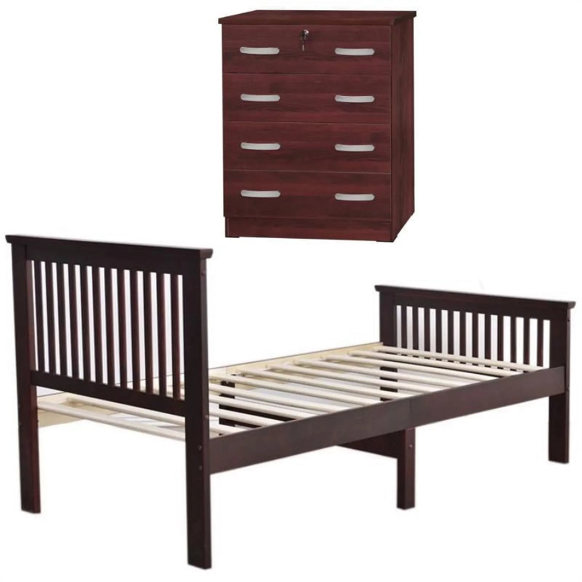 Pine Twin Bed and Dresser with Lock in Mahogany J689