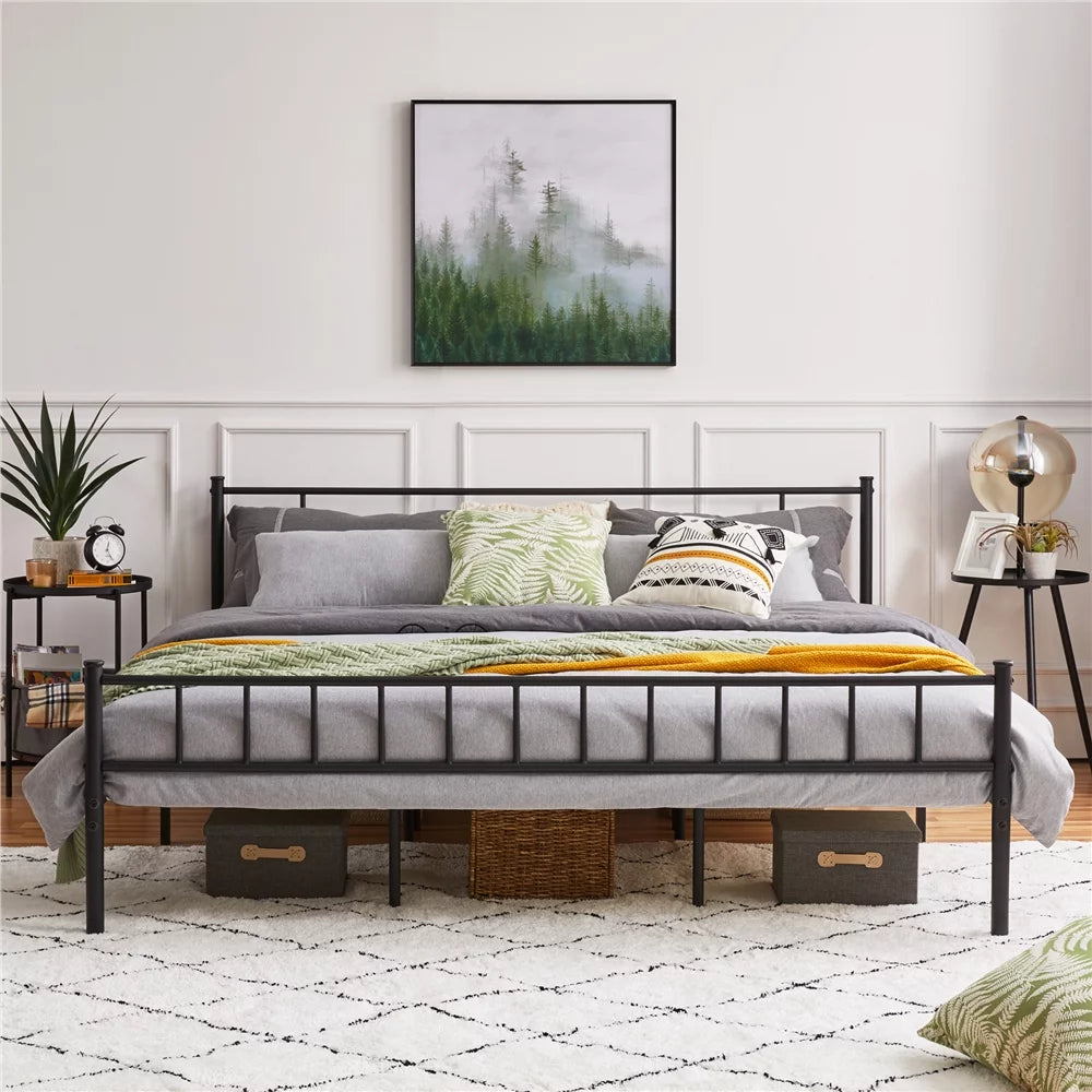 White Full Metal Platform Bed with Spindle Headboard and Footboard I4305