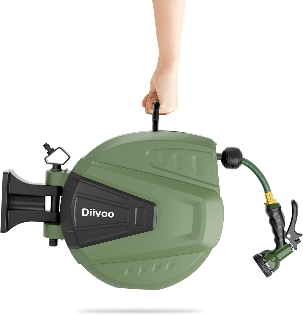 Retractable Garden Hose Reel 65 ft, Wall Mount, Automatic Rewind, 180° Swivel Bracket, 9 Pattern Hose Nozzle Q758