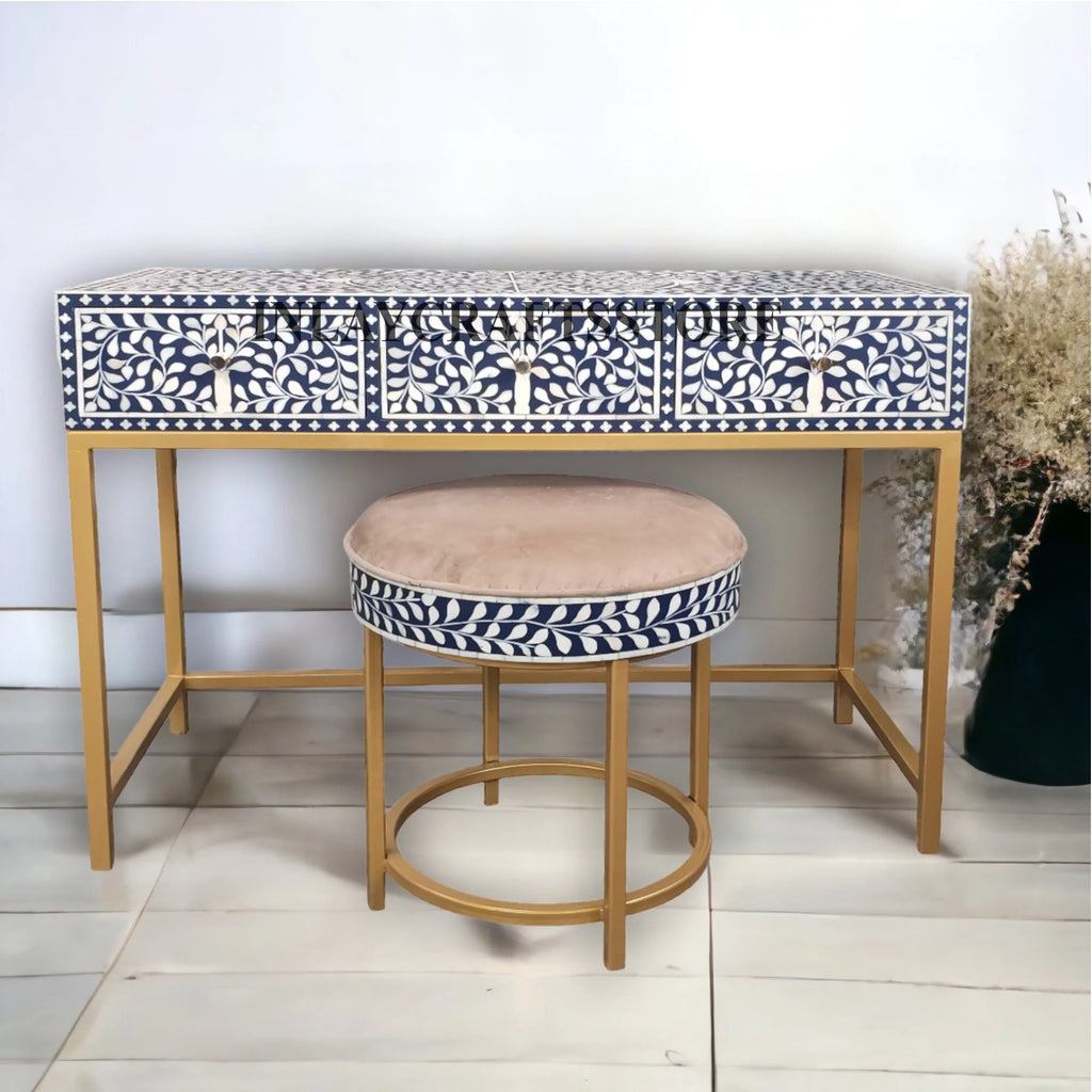 Bone Inlay 3 Drawers Console and Stool Indigo Blue P184