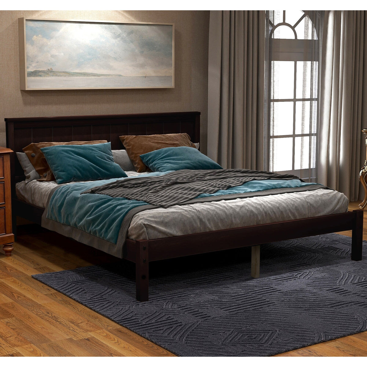 Espresso Pine Wood Platform Bed Frame with Headboard Full D4585