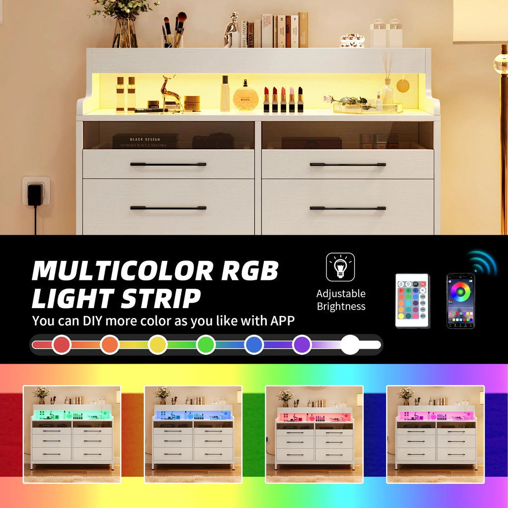Black 6 Drawer Dresser with LED Light and Open Storage C696363