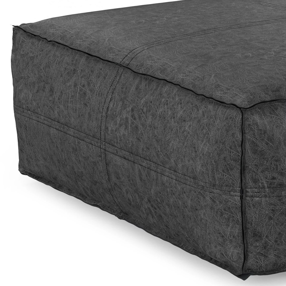 Distressed Black Vegan Faux Leather Pouf J909687