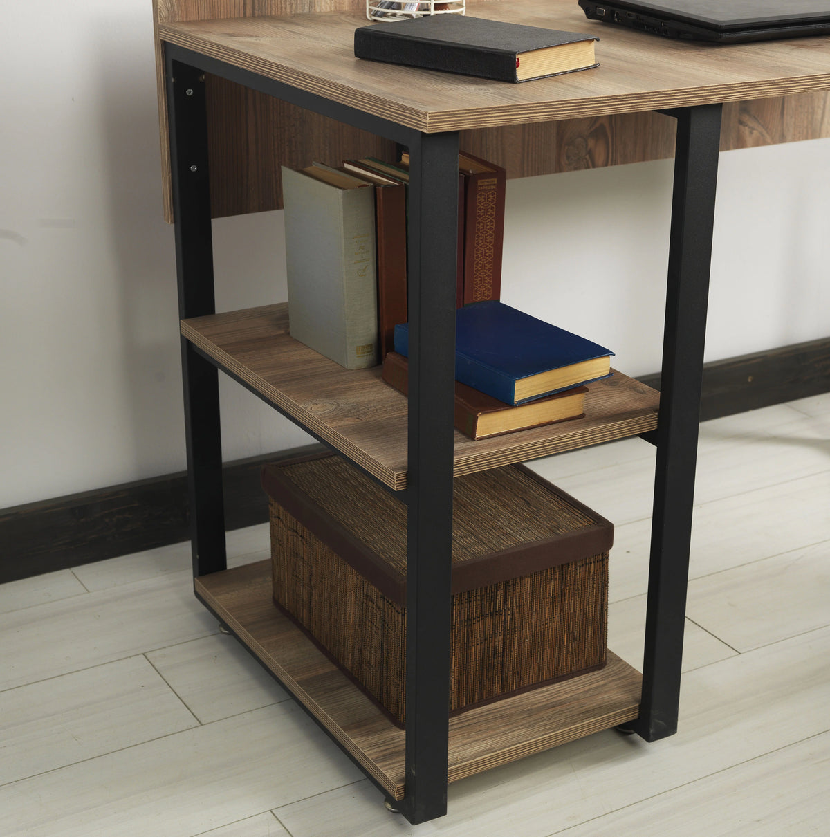 Black Metal Frame 58" Wooden Top 2 Shelves Writing and Computer Desk Y775