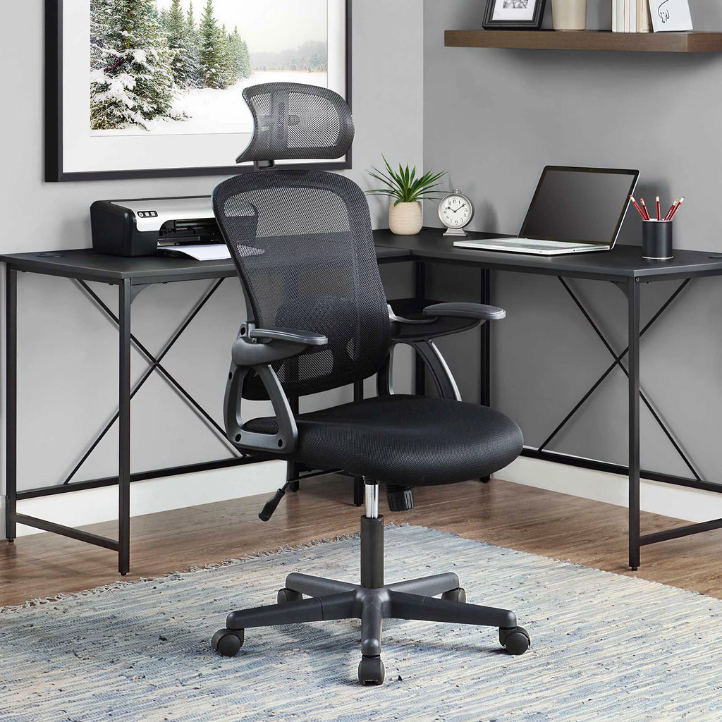 Black Fabric Ergonomic Office Chair with Adjustable Headrest L44605