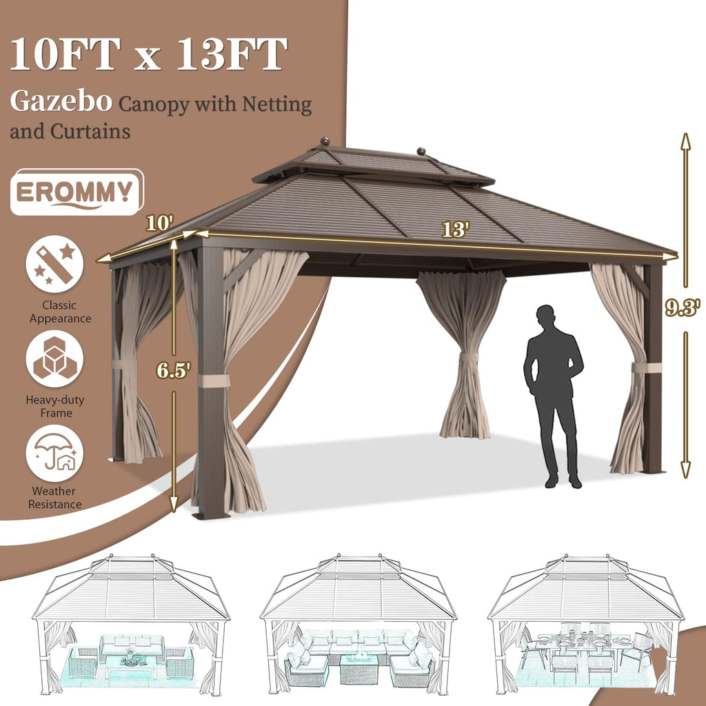Galvanized Steel Aluminum Frame Gazebo with Netting and Curtains 10'x 13' W56058
